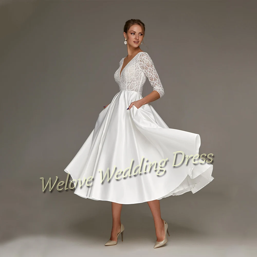 Tea Length Satin Wedding Dress A Line 3/4 Sleeve Lace Simple White Civil Short Bridal Gown Custom Plus Size Robe De Marirage