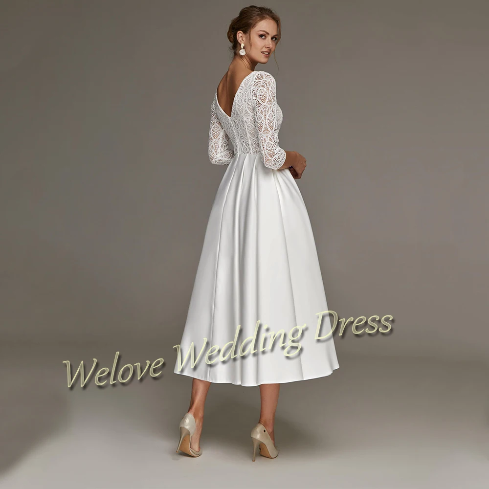Tea Length Satin Wedding Dress A Line 3/4 Sleeve Lace Simple White Civil Short Bridal Gown Custom Plus Size Robe De Marirage