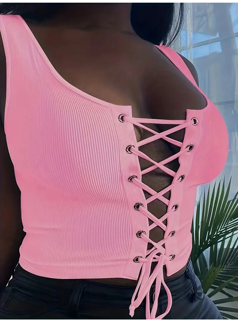 Criss Cross Tank Top Sexy Slim U Neck Summer Sleeveless Top Women Tank solid Stitching Female Knitted Casual Tops
