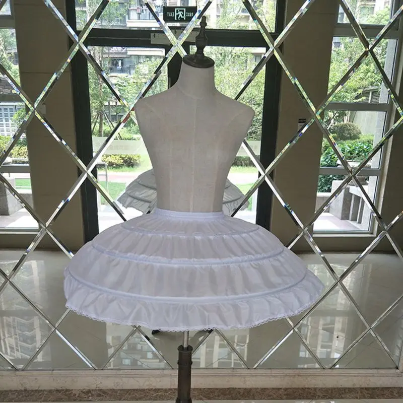 Children Girls 3 Steel Hoops White Petticoat Wedding Gown Dress Underskirt Elastic Waistband Drawstring A-Line Skirt Edge