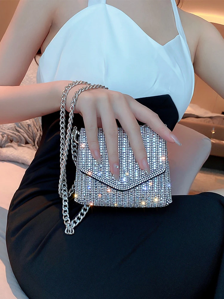 JIOMAY New Rhinestone Bag for Women Shiny Mini Silver Clutch Bag Girls Chain Crossbody Bag Wholesals Items For Small Business