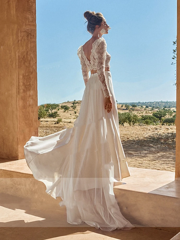 LSYX Customized Boho 2 Pieces Lace Long Puff Sleeves Wedding Dresses High Side Slit O-Neck Backless Sweep Train Illusion 2026