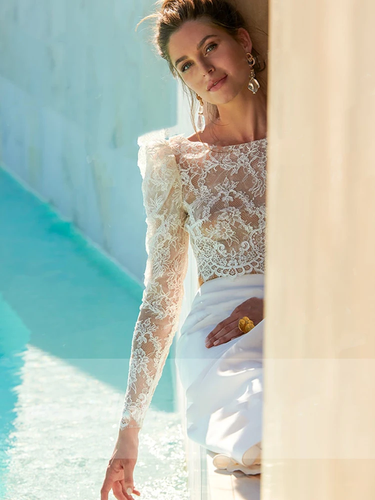 LSYX Customized Boho 2 Pieces Lace Long Puff Sleeves Wedding Dresses High Side Slit O-Neck Backless Sweep Train Illusion 2026