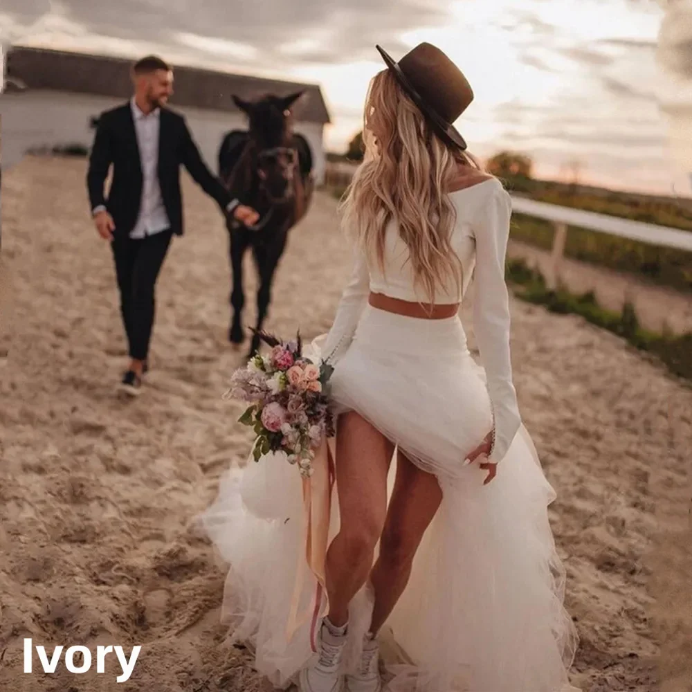 Country Two Pieces Wedding Dresses Mermaid Simple Tulle Long Sleeve O-Neck Bridal Gown Vintage Beach Bride Dresses Customized