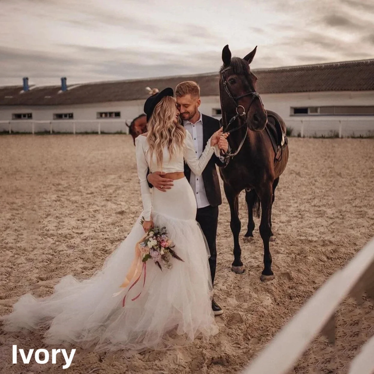 Country Two Pieces Wedding Dresses Mermaid Simple Tulle Long Sleeve O-Neck Bridal Gown Vintage Beach Bride Dresses Customized