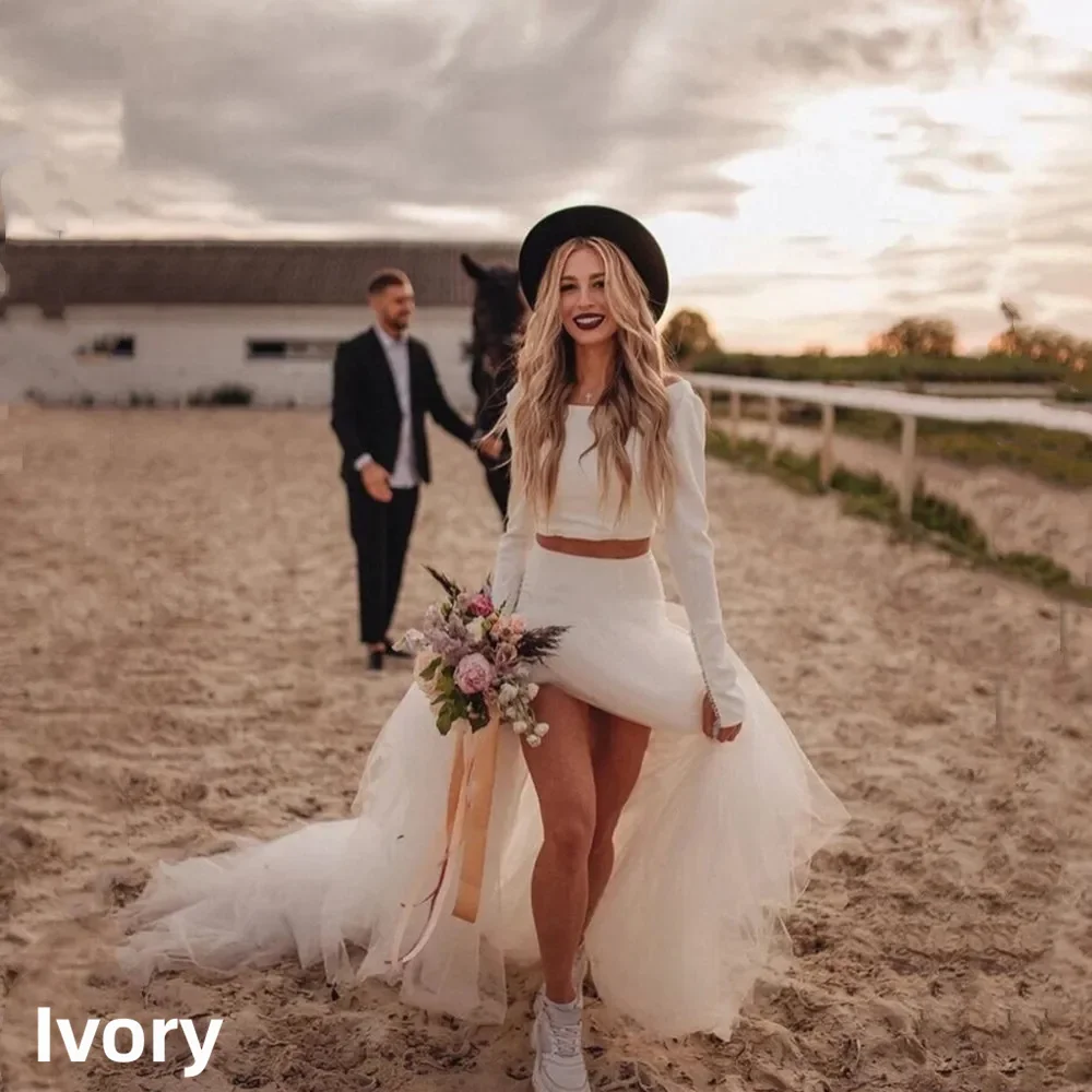 Country Two Pieces Wedding Dresses Mermaid Simple Tulle Long Sleeve O-Neck Bridal Gown Vintage Beach Bride Dresses Customized