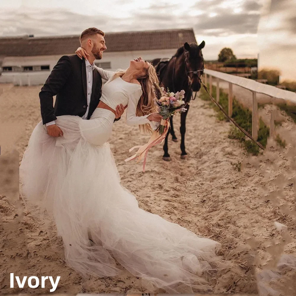 Country Two Pieces Wedding Dresses Mermaid Simple Tulle Long Sleeve O-Neck Bridal Gown Vintage Beach Bride Dresses Customized