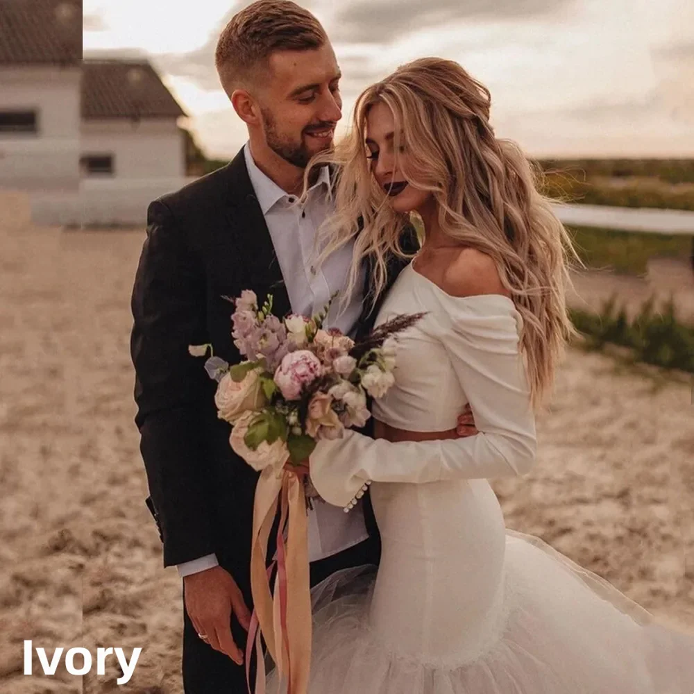 Country Two Pieces Wedding Dresses Mermaid Simple Tulle Long Sleeve O-Neck Bridal Gown Vintage Beach Bride Dresses Customized