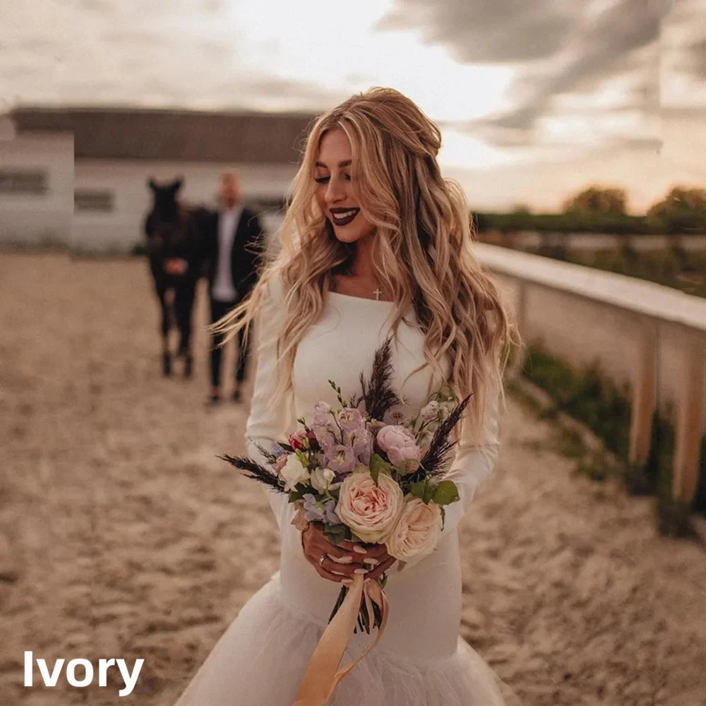 Country Two Pieces Wedding Dresses Mermaid Simple Tulle Long Sleeve O-Neck Bridal Gown Vintage Beach Bride Dresses Customized