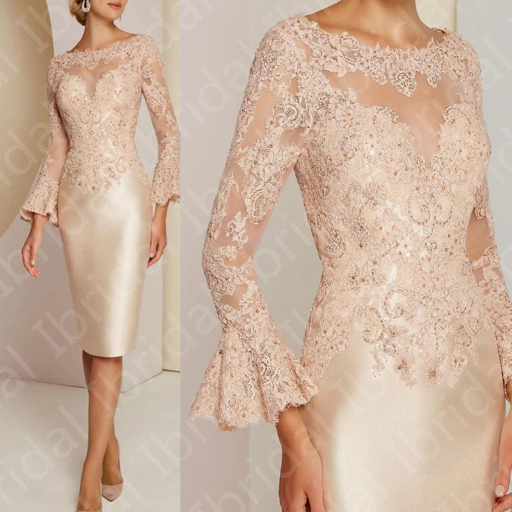 Classic Champagne Long Sleeve Mother of the Bride Dresses Lace Customized Wedding Guest Gowns Mother Dresses Knee Length