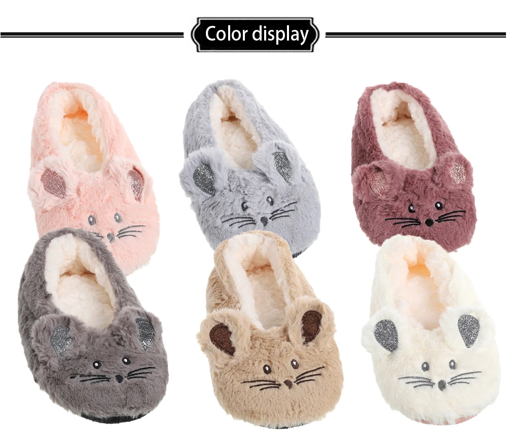 Home Fuzzy Slipper Women Winter Fur Warm Plush Non Slip Grip Indoor Fluffy Lazy Female Mouse Ears Floor Shoe Sneaker Living Room