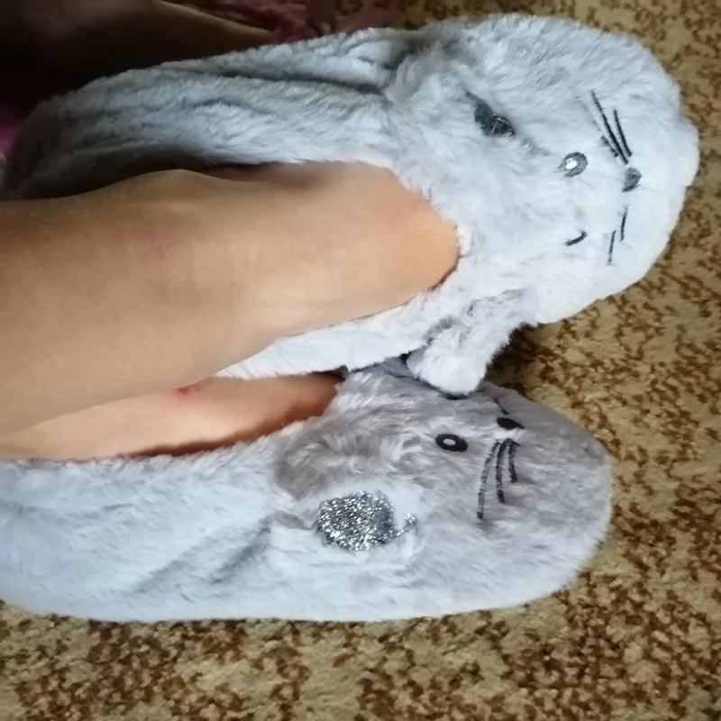 Home Fuzzy Slipper Women Winter Fur Warm Plush Non Slip Grip Indoor Fluffy Lazy Female Mouse Ears Floor Shoe Sneaker Living Room