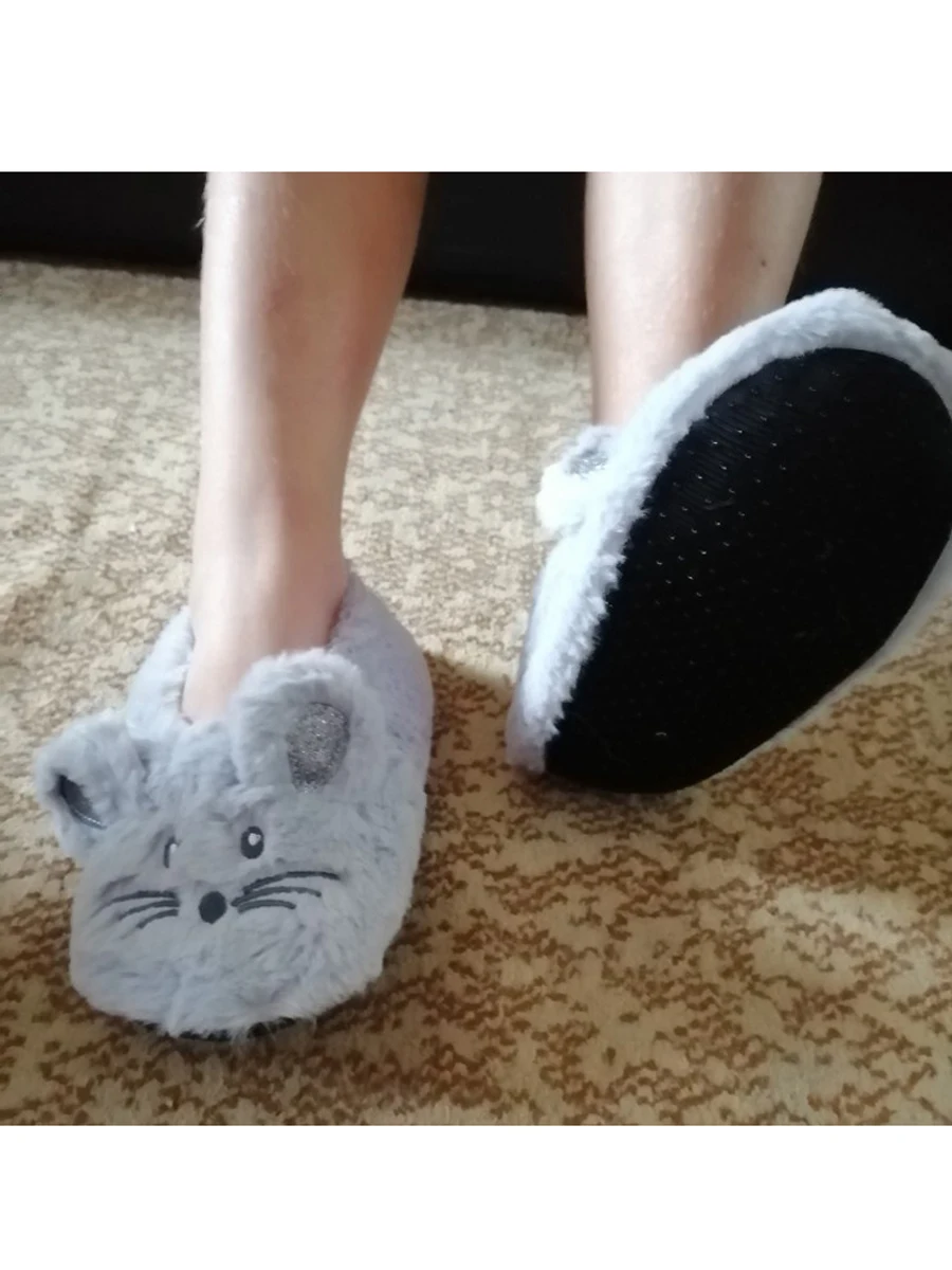 Home Fuzzy Slipper Women Winter Fur Warm Plush Non Slip Grip Indoor Fluffy Lazy Female Mouse Ears Floor Shoe Sneaker Living Room