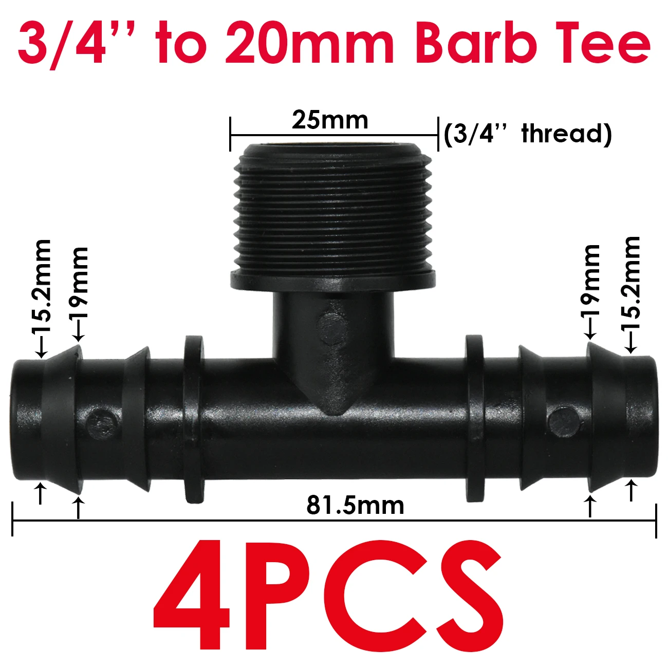 KESLA 4PCS 1/2" 3/4" Threaded 16 20 25MM PE Hose Barb Tee Connector Adapter Tubing Joints Garden Drip Irrigation Coupling Repair