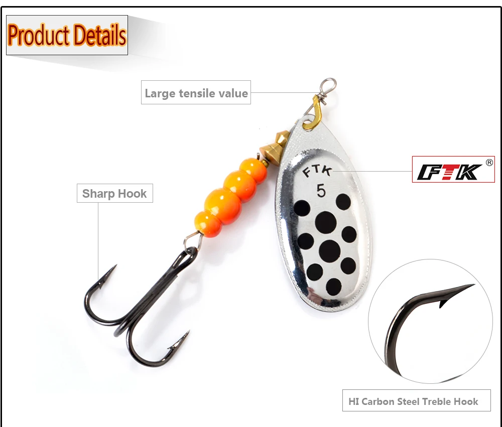 FTK Spinner Bait 4g/5g/7g/10g/14g Hard Spoon Bass Lures Metal Fishing Lures With Treble Hooks Fishing Tackle For Pike Fishing