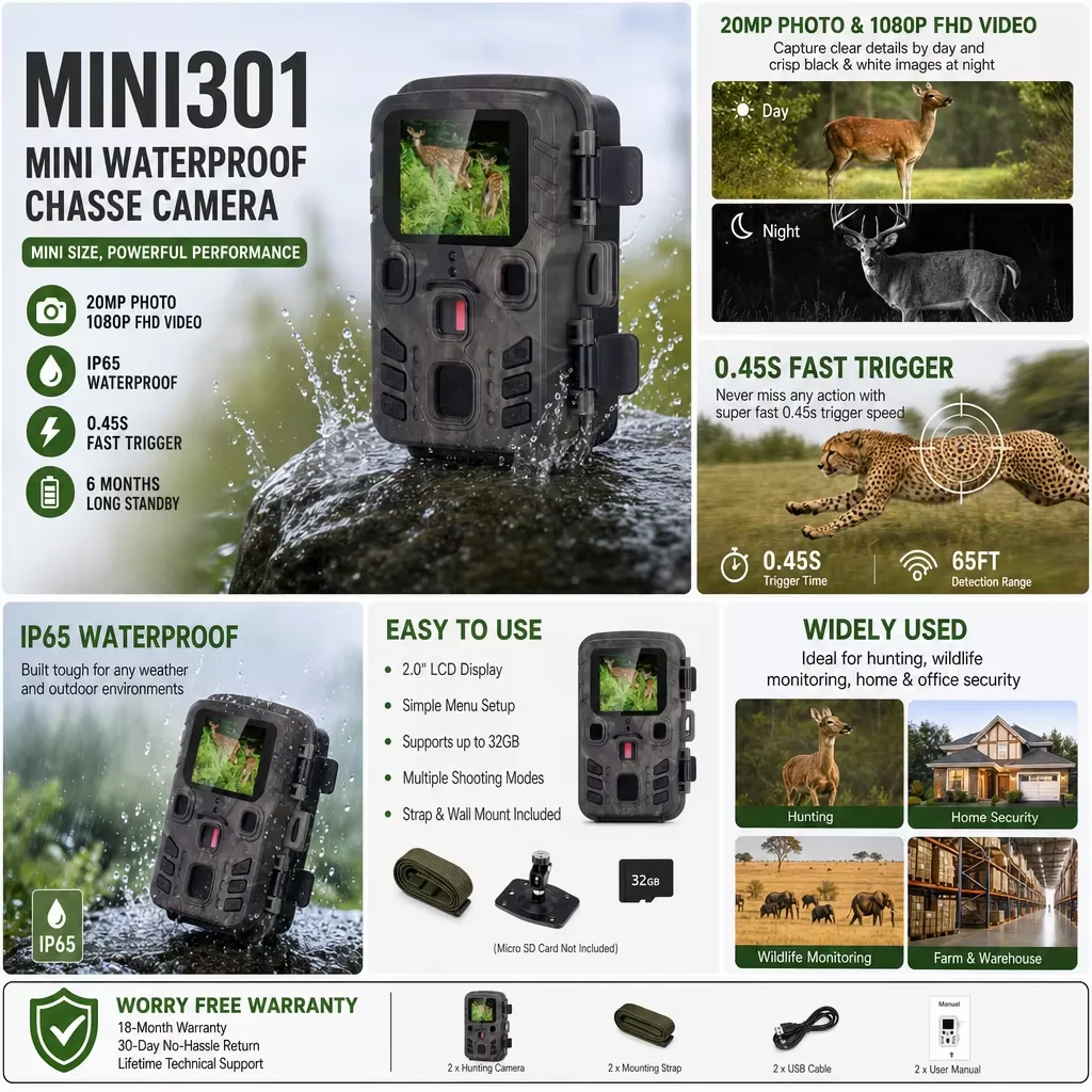 Hunting  Trail Camera 20MP 1080P Outdoor Wildlife Cameras Surveillance Night Vision Photo Traps Mini301