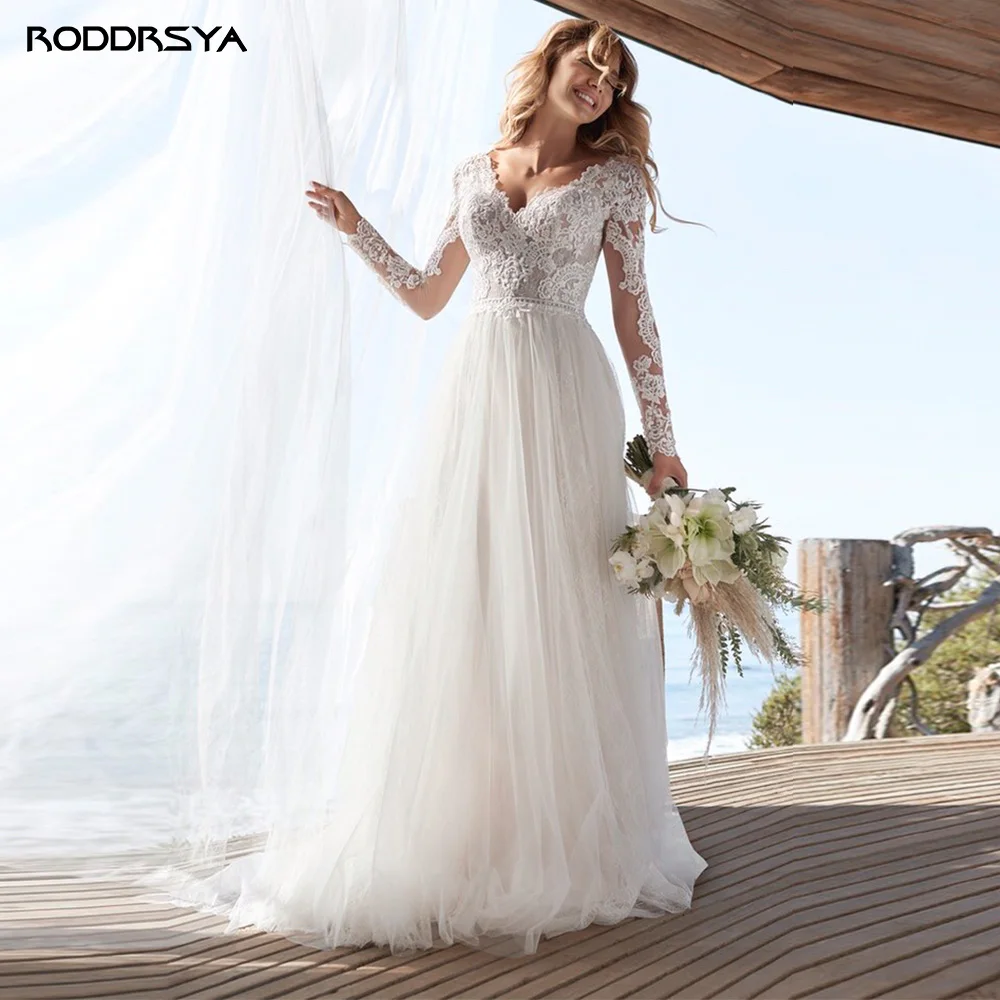 RODDRSYA A Line Long Sleeves Wedding Dresses  Lace Bridal Gowns 2022 Tulle Ivory Vestido De Novia Open Back свадебное платье