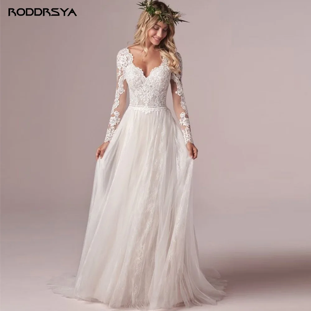 RODDRSYA A Line Long Sleeves Wedding Dresses  Lace Bridal Gowns 2022 Tulle Ivory Vestido De Novia Open Back свадебное платье