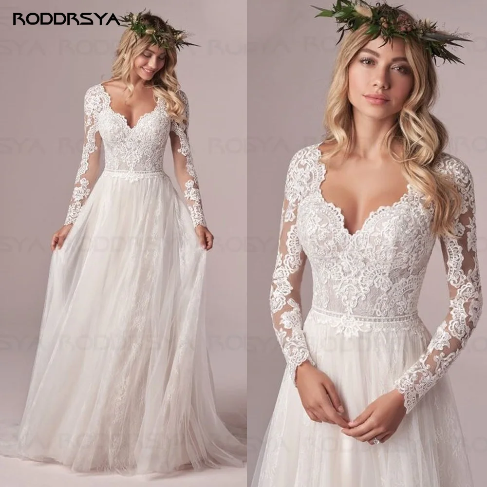 RODDRSYA A Line Long Sleeves Wedding Dresses  Lace Bridal Gowns 2022 Tulle Ivory Vestido De Novia Open Back свадебное платье