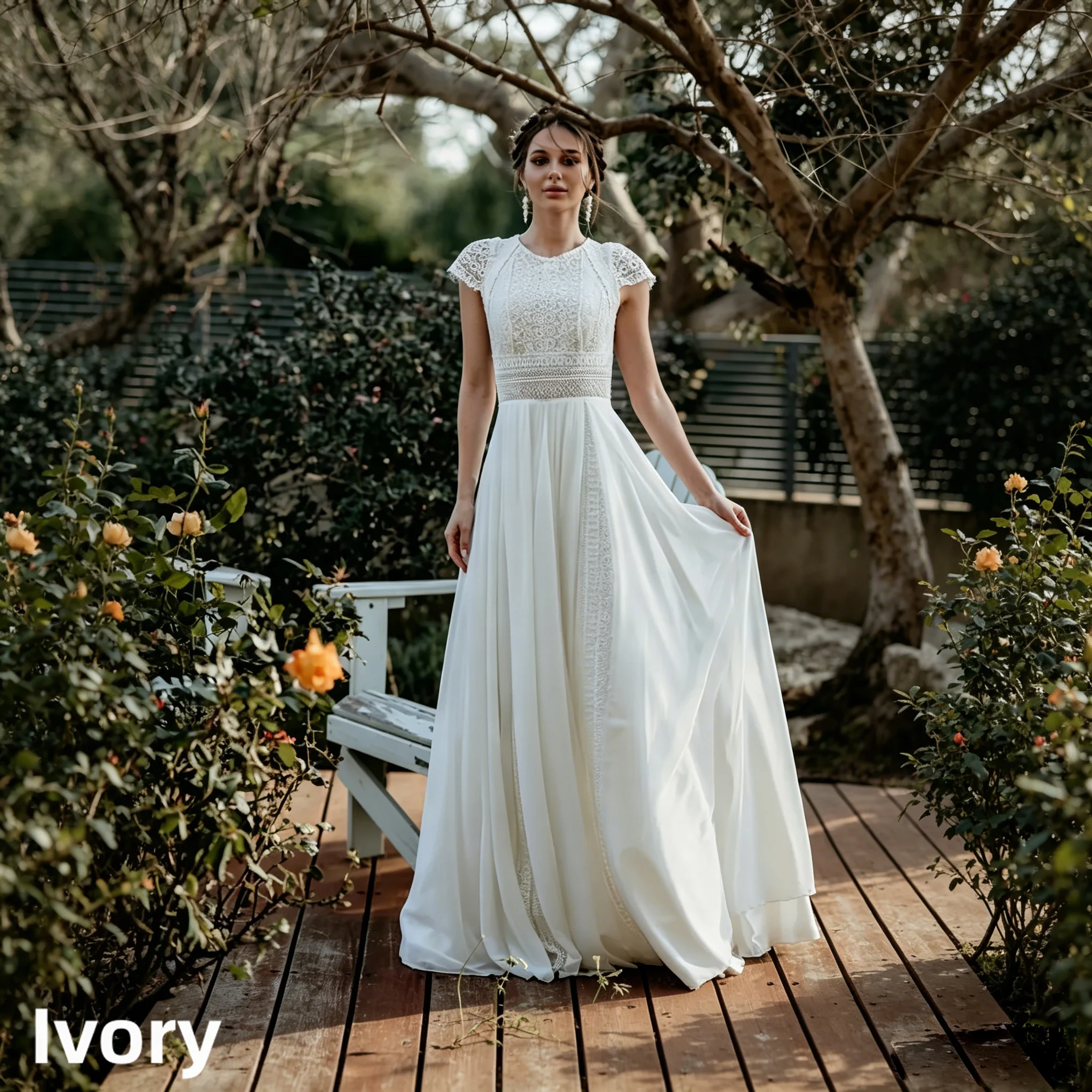 Vintage Boho Lace Chiffon Beach Wedding Dress Cap Sleeve O Neck Flowy A Line Long Bridal Dress Back Keyhole Civil Ceremony Gown
