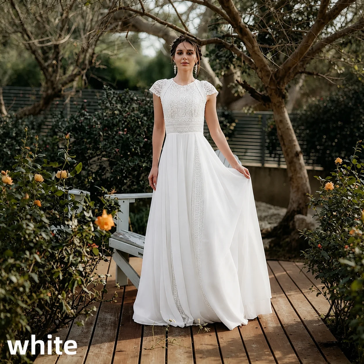 Vintage Boho Lace Chiffon Beach Wedding Dress Cap Sleeve O Neck Flowy A Line Long Bridal Dress Back Keyhole Civil Ceremony Gown