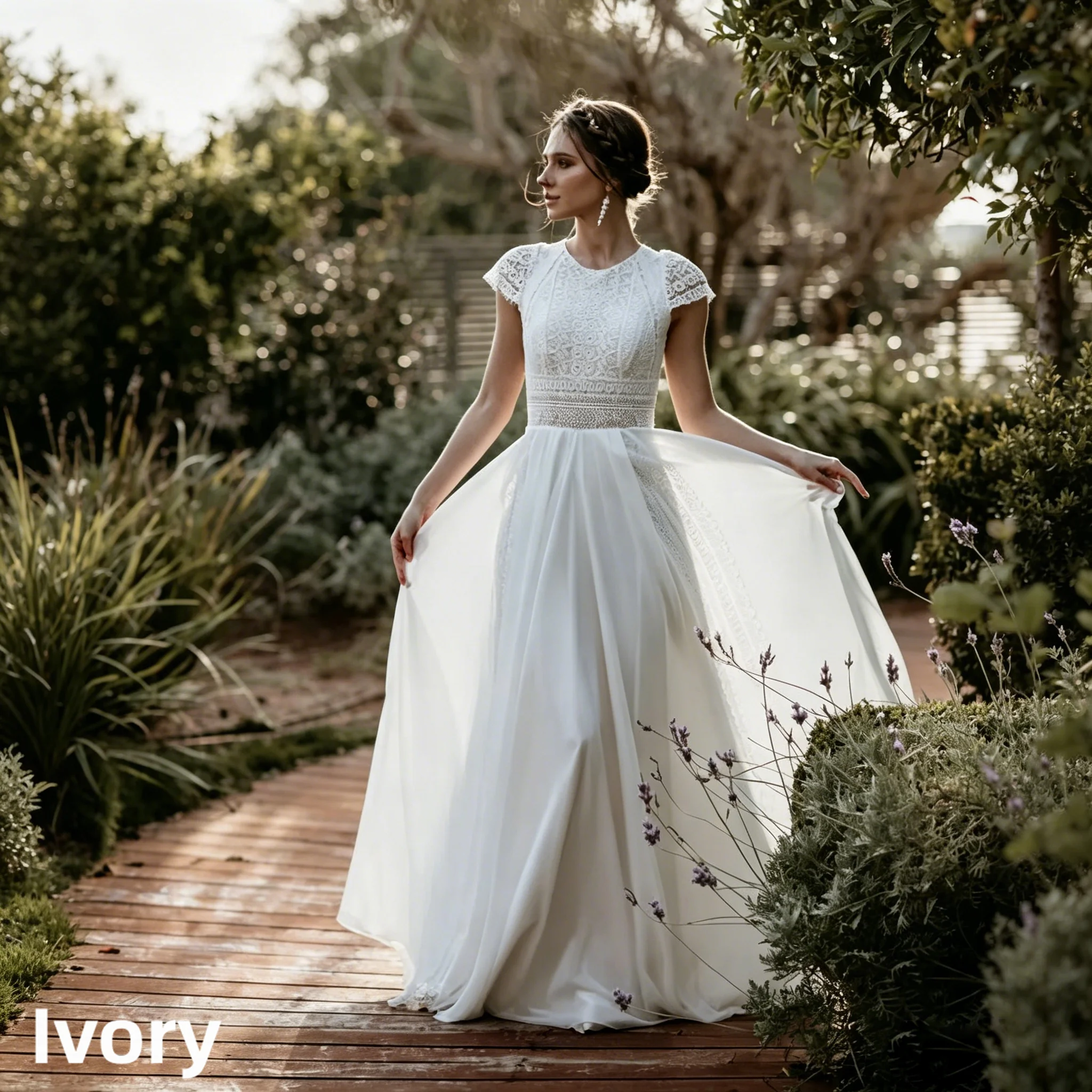 Vintage Boho Lace Chiffon Beach Wedding Dress Cap Sleeve O Neck Flowy A Line Long Bridal Dress Back Keyhole Civil Ceremony Gown