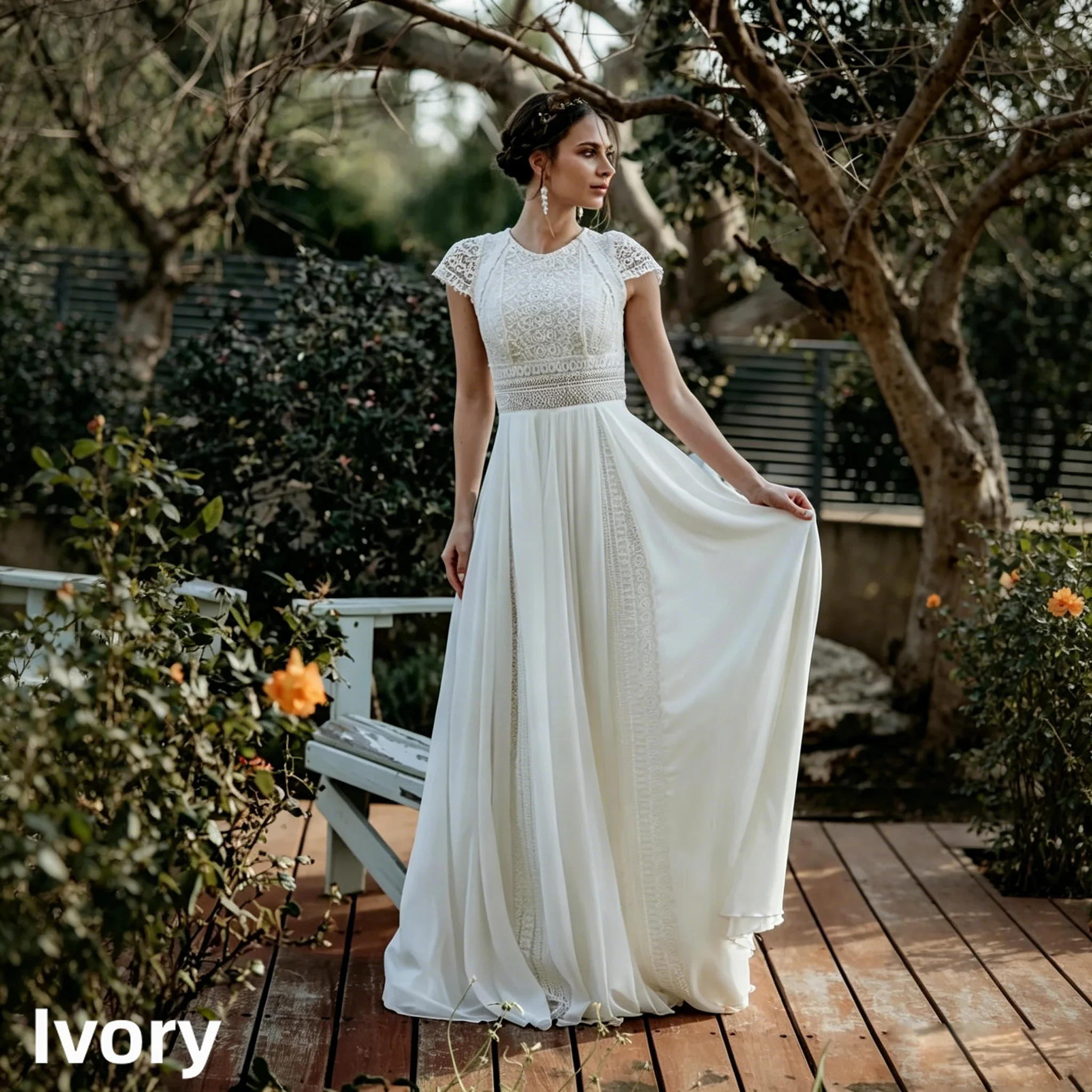 Vintage Boho Lace Chiffon Beach Wedding Dress Cap Sleeve O Neck Flowy A Line Long Bridal Dress Back Keyhole Civil Ceremony Gown