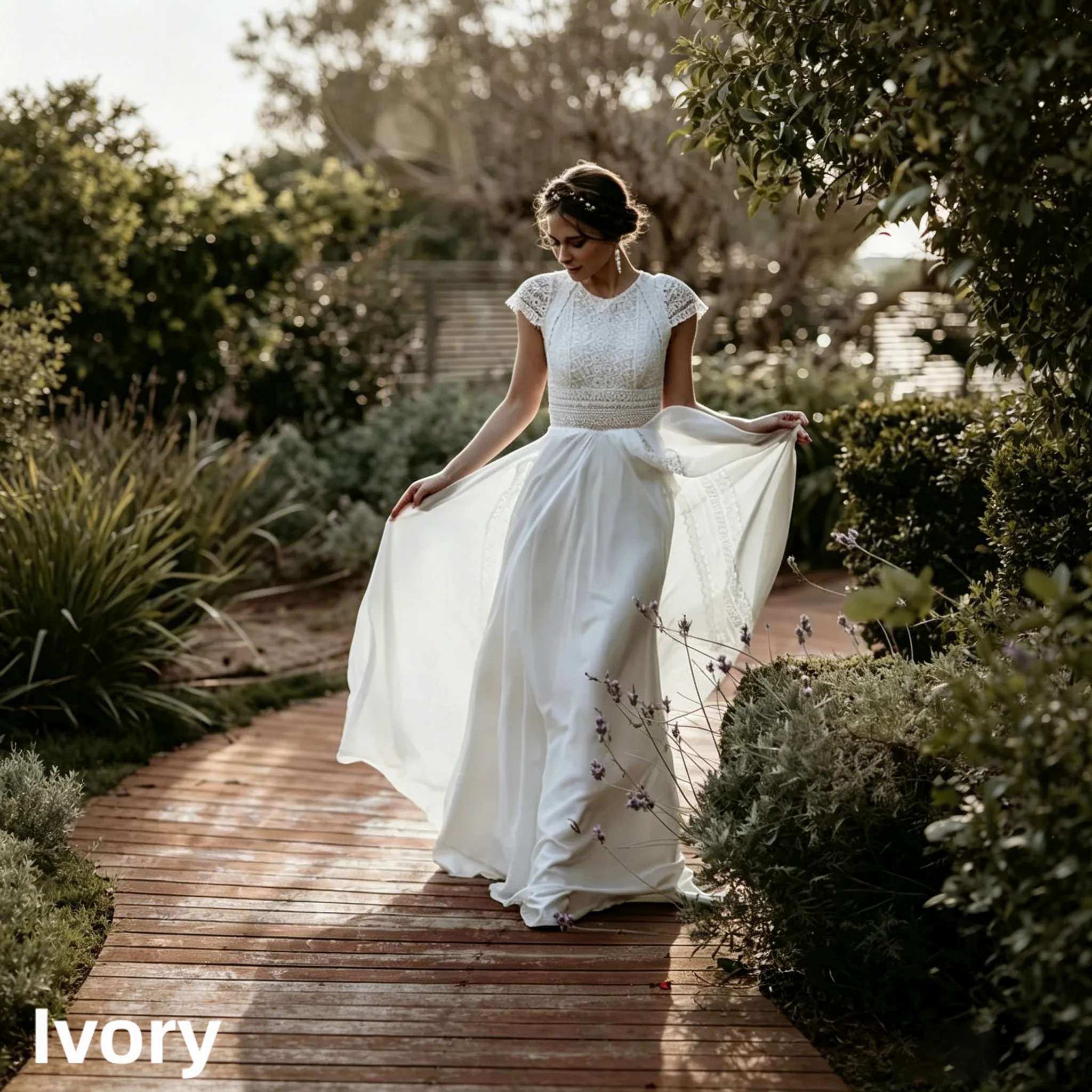 Vintage Boho Lace Chiffon Beach Wedding Dress Cap Sleeve O Neck Flowy A Line Long Bridal Dress Back Keyhole Civil Ceremony Gown