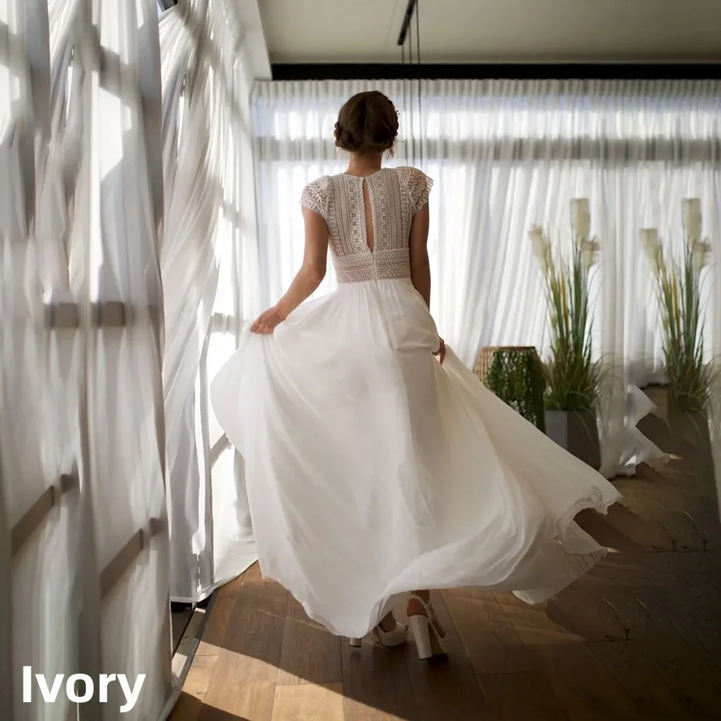 Vintage Boho Lace Chiffon Beach Wedding Dress Cap Sleeve O Neck Flowy A Line Long Bridal Dress Back Keyhole Civil Ceremony Gown