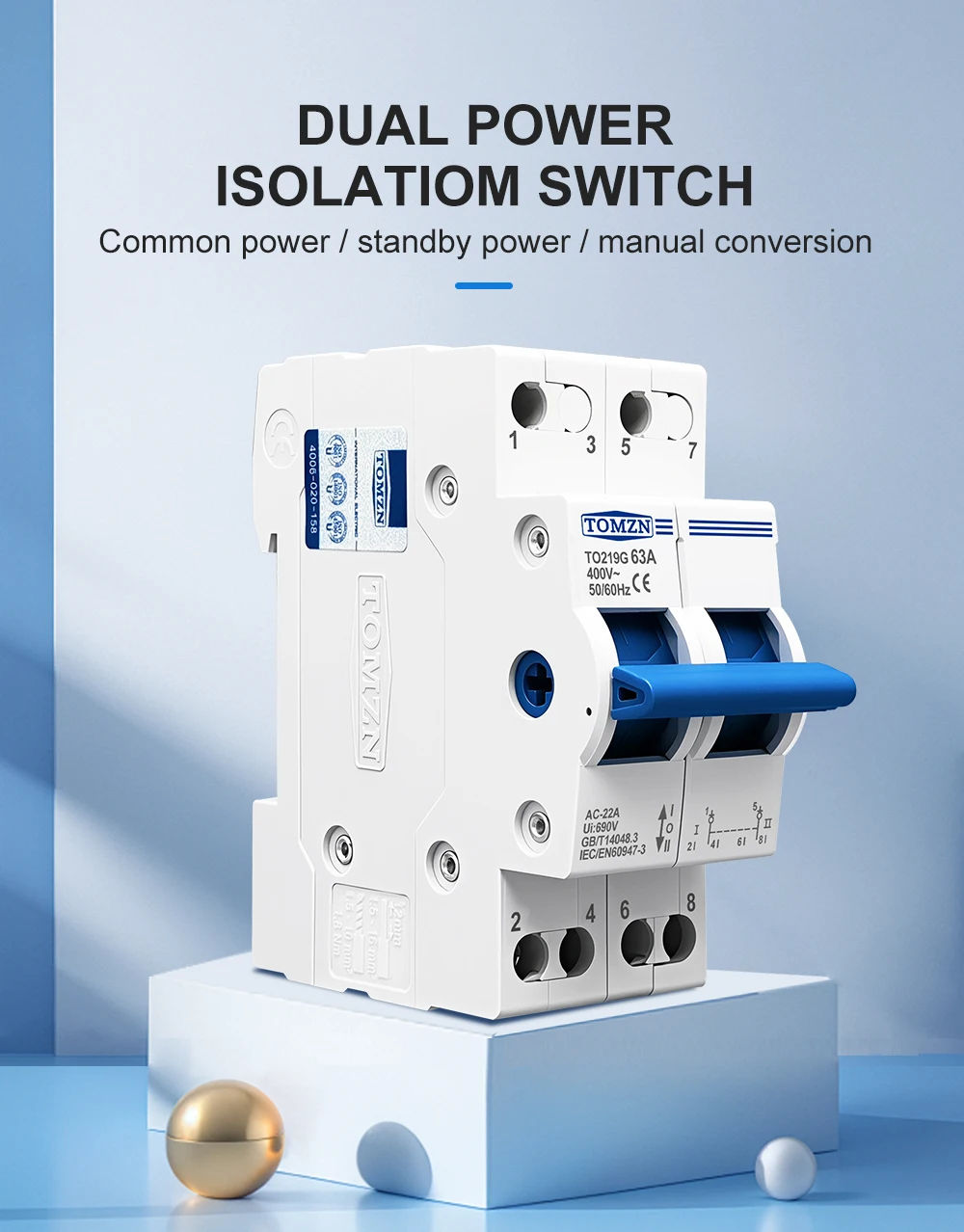 TOMZN 2P 63A MTS Dual Power Manual Transfer Isolating Switch Interlock Circuit Breaker