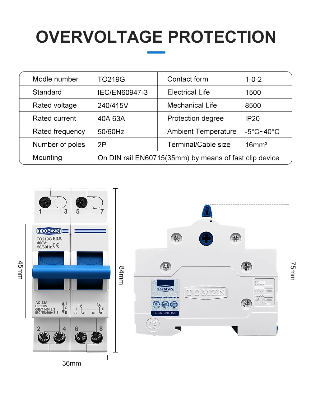 TOMZN 2P 63A MTS Dual Power Manual Transfer Isolating Switch Interlock Circuit Breaker