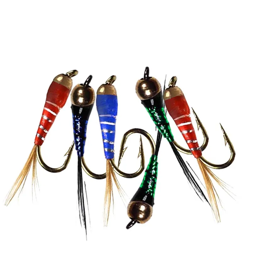 5Pieces Brass Beadhead Peacock Herl Buzzer Fly Ice Fishing Fly Lure Jig Nymph Larvea for Trout Perch Bluegill Fishing