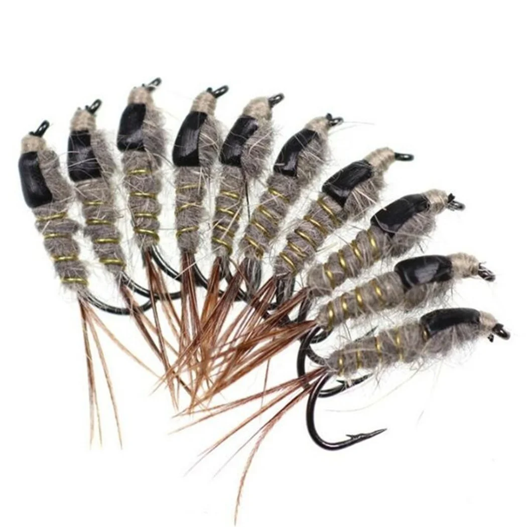 5Pieces Brass Beadhead Peacock Herl Buzzer Fly Ice Fishing Fly Lure Jig Nymph Larvea for Trout Perch Bluegill Fishing