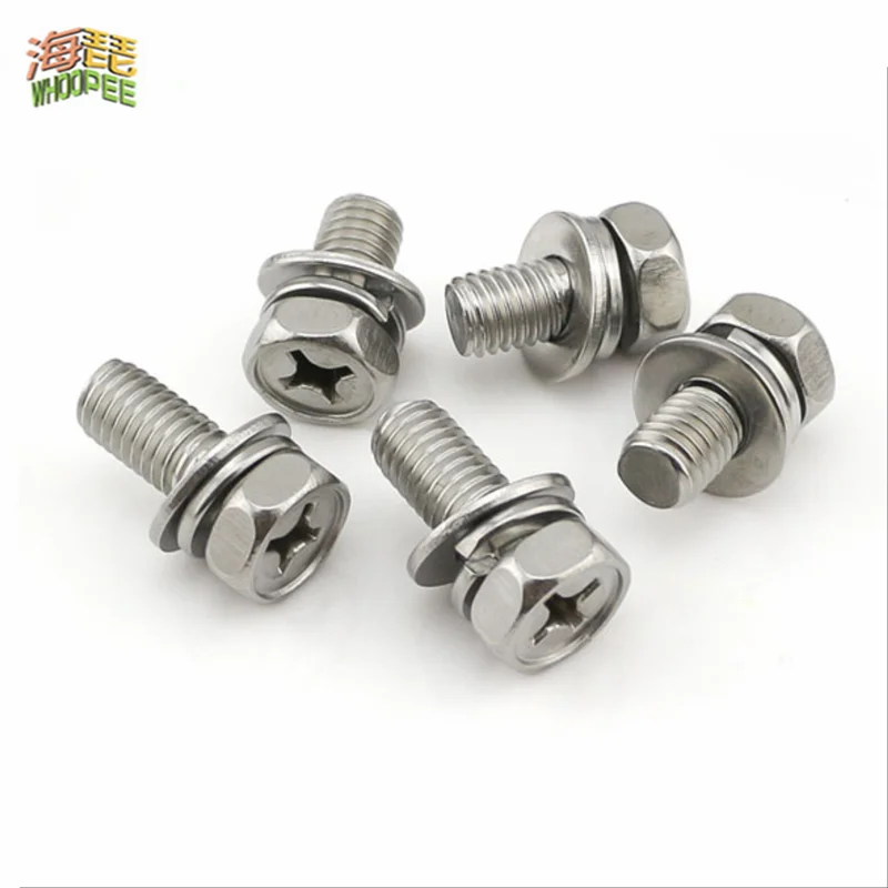 5/50pc M3 M4 M5 M6 M8 Stainless Steel Cross Phillips External Hex Hexagon Head SEM Screw Flat Washer Spring Gasket Assemble Bolt