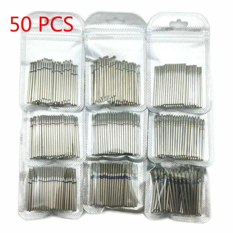 50 Pcs/Set Drill Bit Set for Nails Cutter Dental Diamond Grinding Polish Burs Dental Lab Polisher 2.35mm Shank Nail Tools