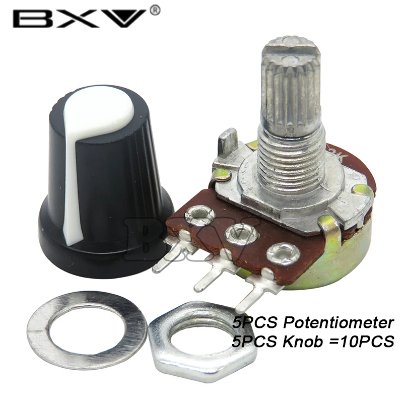 5 Sets WH148 1K 10K 20K 50K 100K 500K Ohm 15mm 3 Pin Linear Taper Rotary Potentiometer Resistor For Arduino With AG2 White Cap