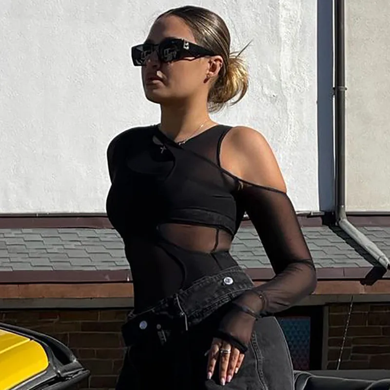 Ahagaga Fashion Mesh See Through Sexy Club Bodysuits Women Solid Regular Casual Streetwear Long Sleeves Slim Fit Rompers Tops