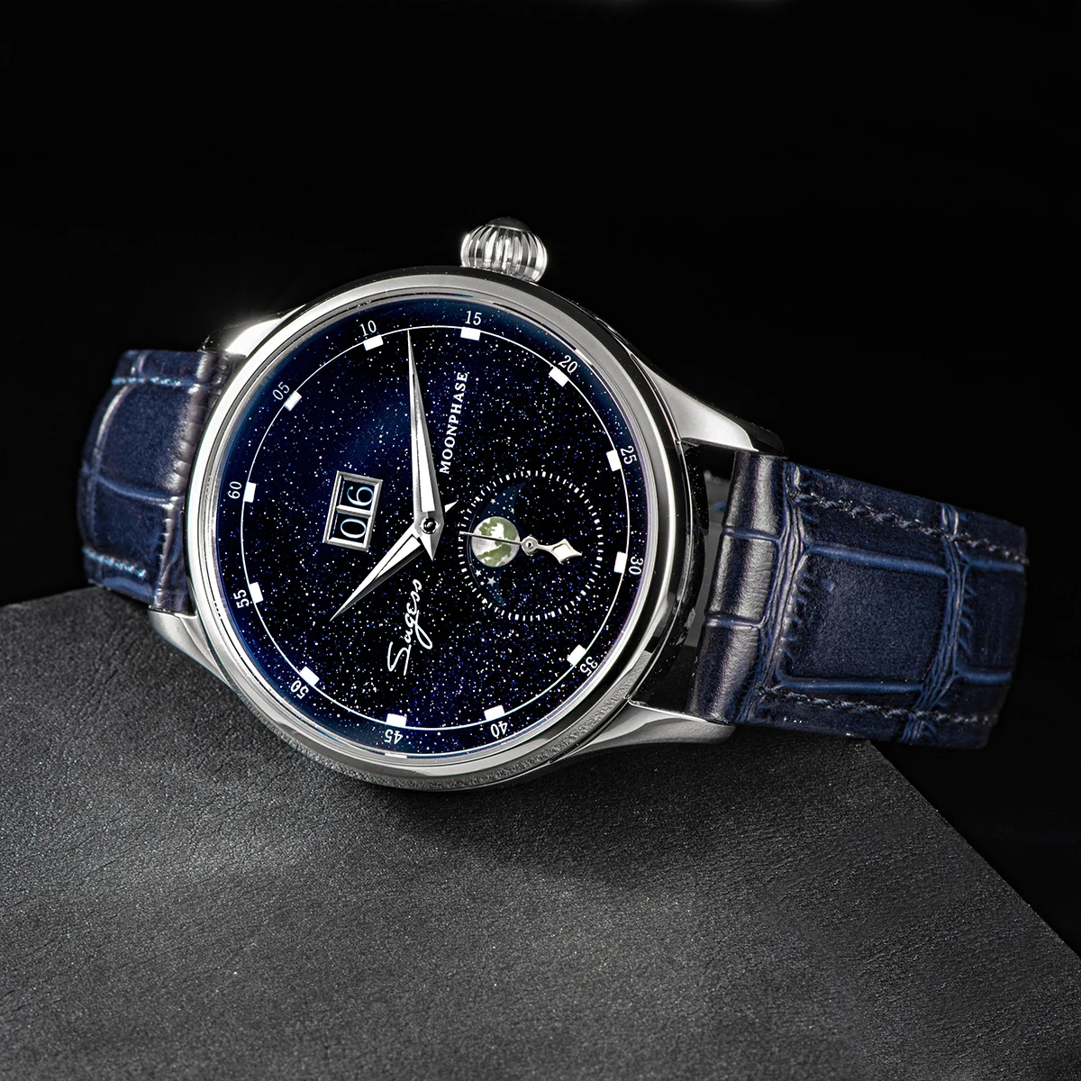 Sugess Mens Watch Limited Edition Moonphase 316L Stainless Steel Case Tianjin ST2528 Movement Luxury Gemstone Stars Dial Gift V3