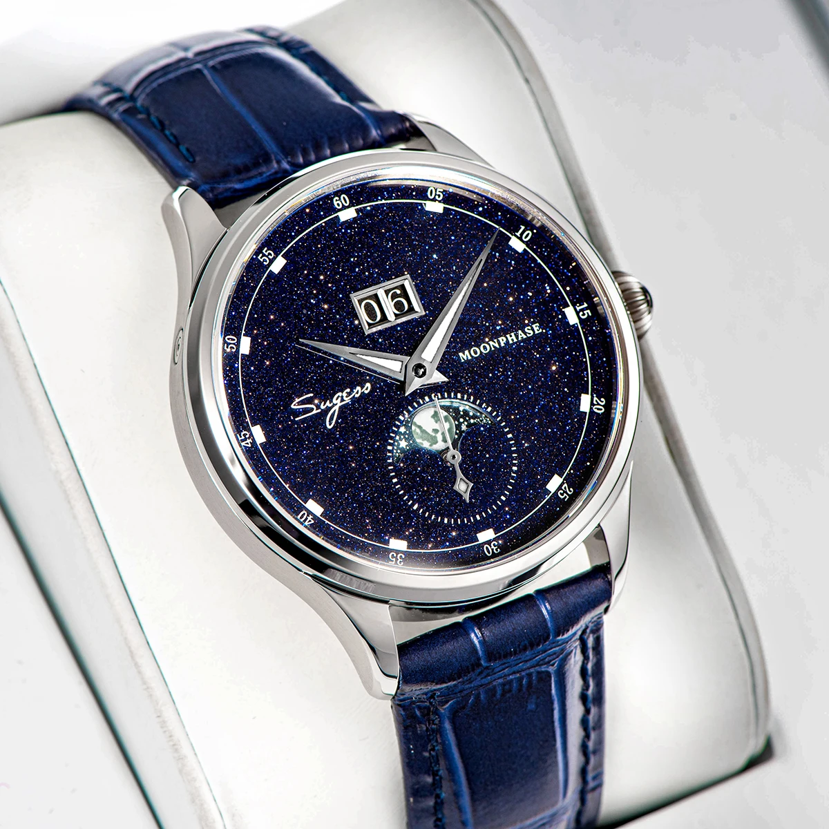 Sugess Mens Watch Limited Edition Moonphase 316L Stainless Steel Case Tianjin ST2528 Movement Luxury Gemstone Stars Dial Gift V3