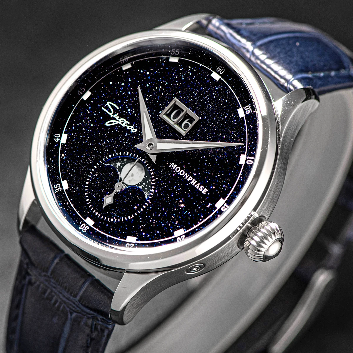 Sugess Mens Watch Limited Edition Moonphase 316L Stainless Steel Case Tianjin ST2528 Movement Luxury Gemstone Stars Dial Gift V3