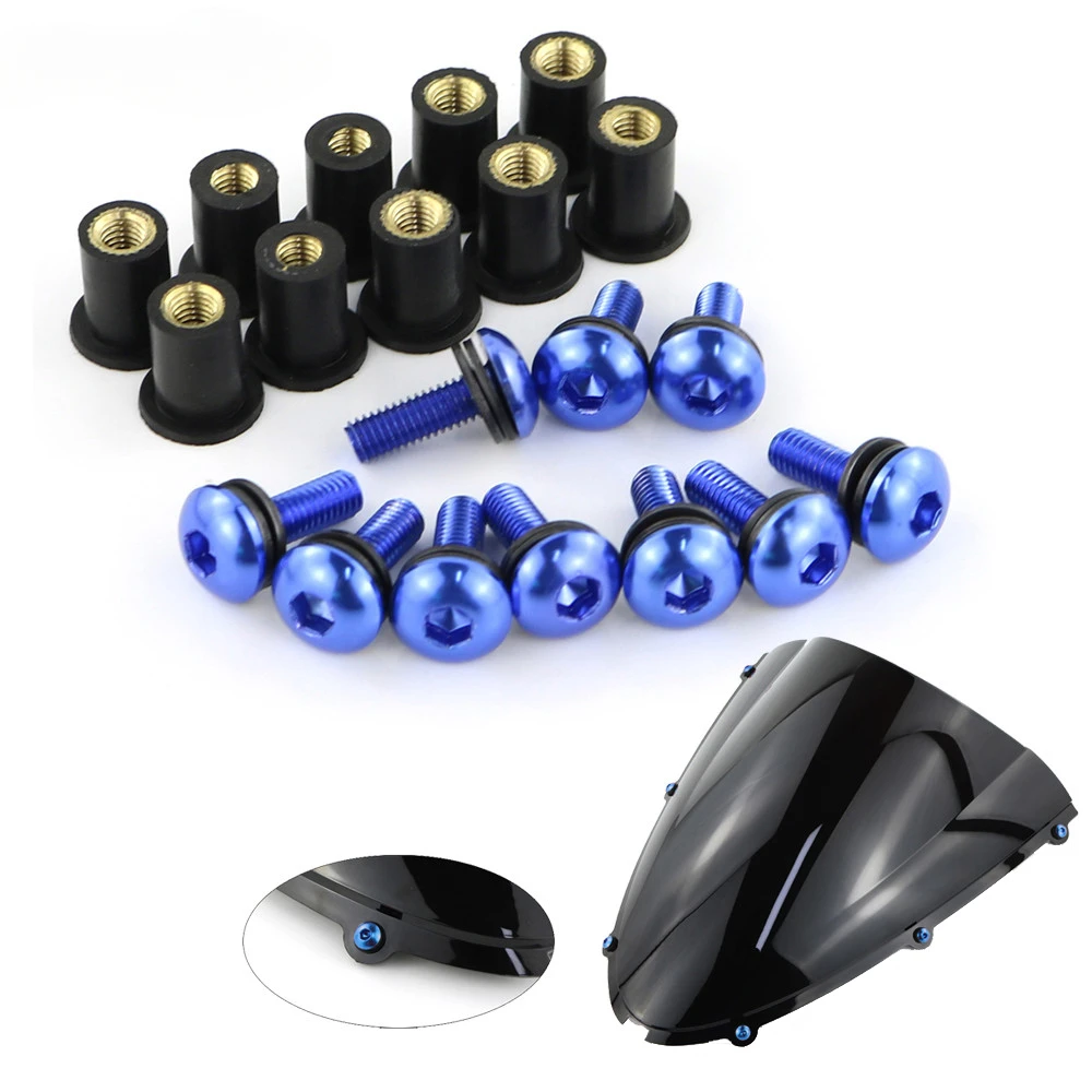 10pcs/Set Kit Motorcycle M5 15mm Metric Rubber Well Nuts Windscreen Fairing Cowl Anodized Aluminum Moto Screws Bolts