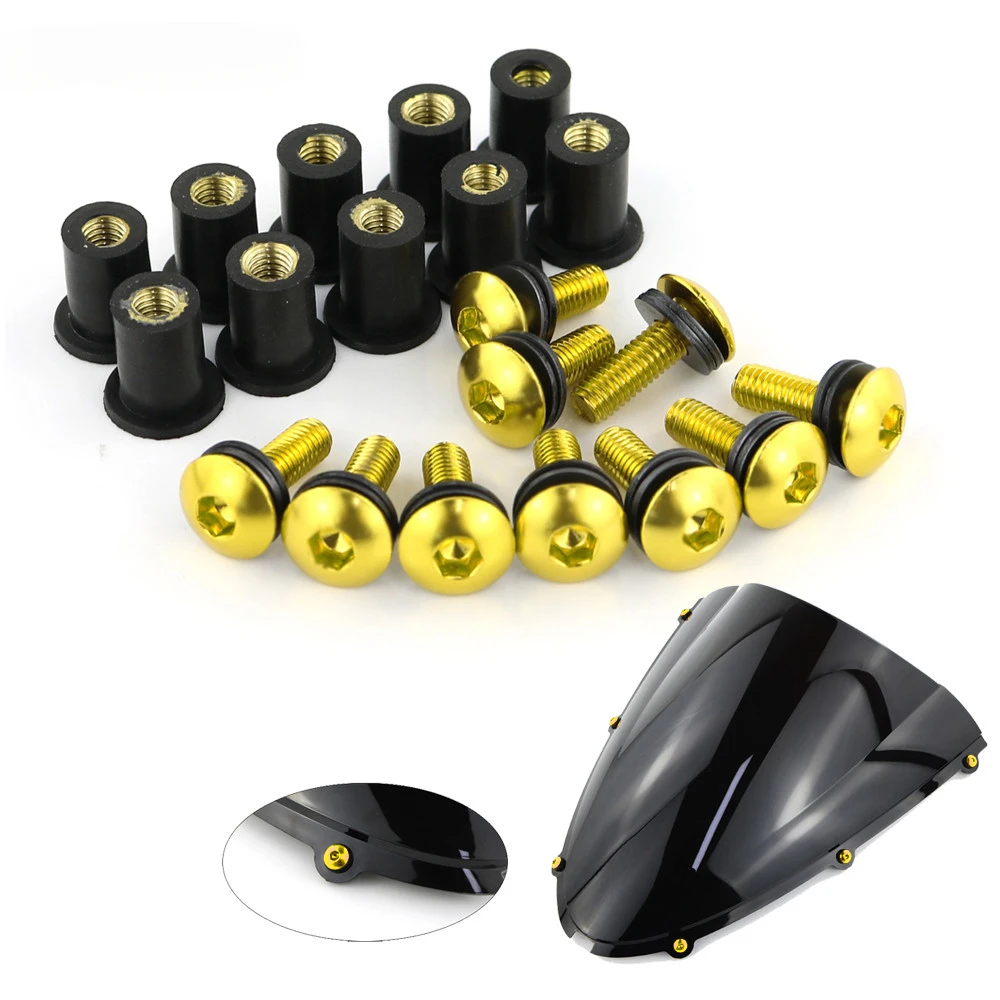 10pcs/Set Kit Motorcycle M5 15mm Metric Rubber Well Nuts Windscreen Fairing Cowl Anodized Aluminum Moto Screws Bolts