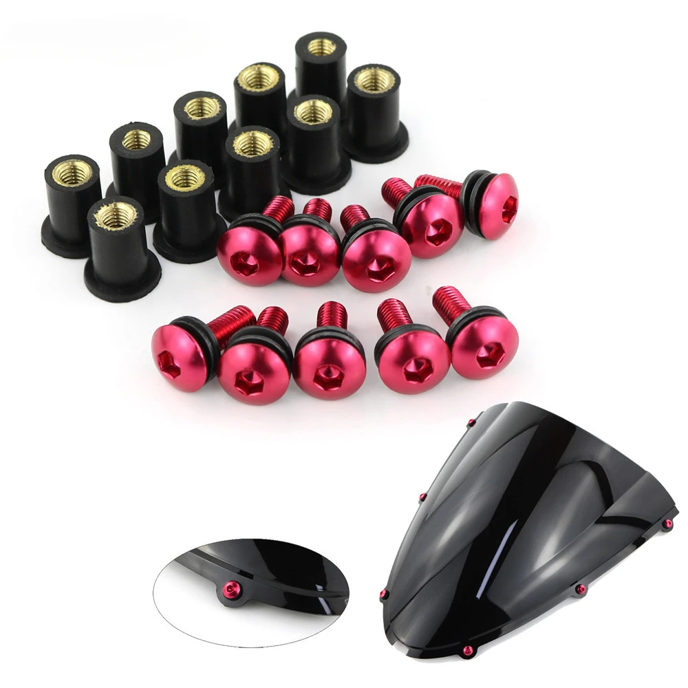 10pcs/Set Kit Motorcycle M5 15mm Metric Rubber Well Nuts Windscreen Fairing Cowl Anodized Aluminum Moto Screws Bolts