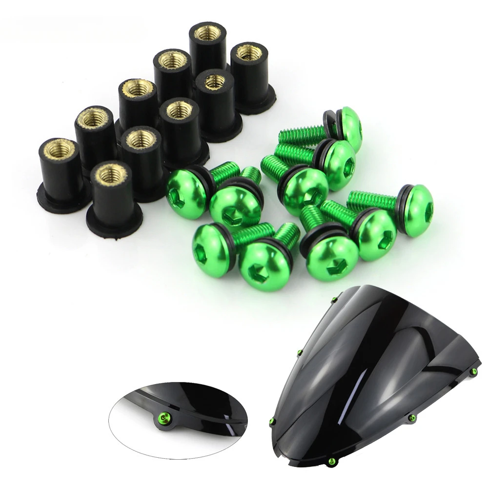 10pcs/Set Kit Motorcycle M5 15mm Metric Rubber Well Nuts Windscreen Fairing Cowl Anodized Aluminum Moto Screws Bolts