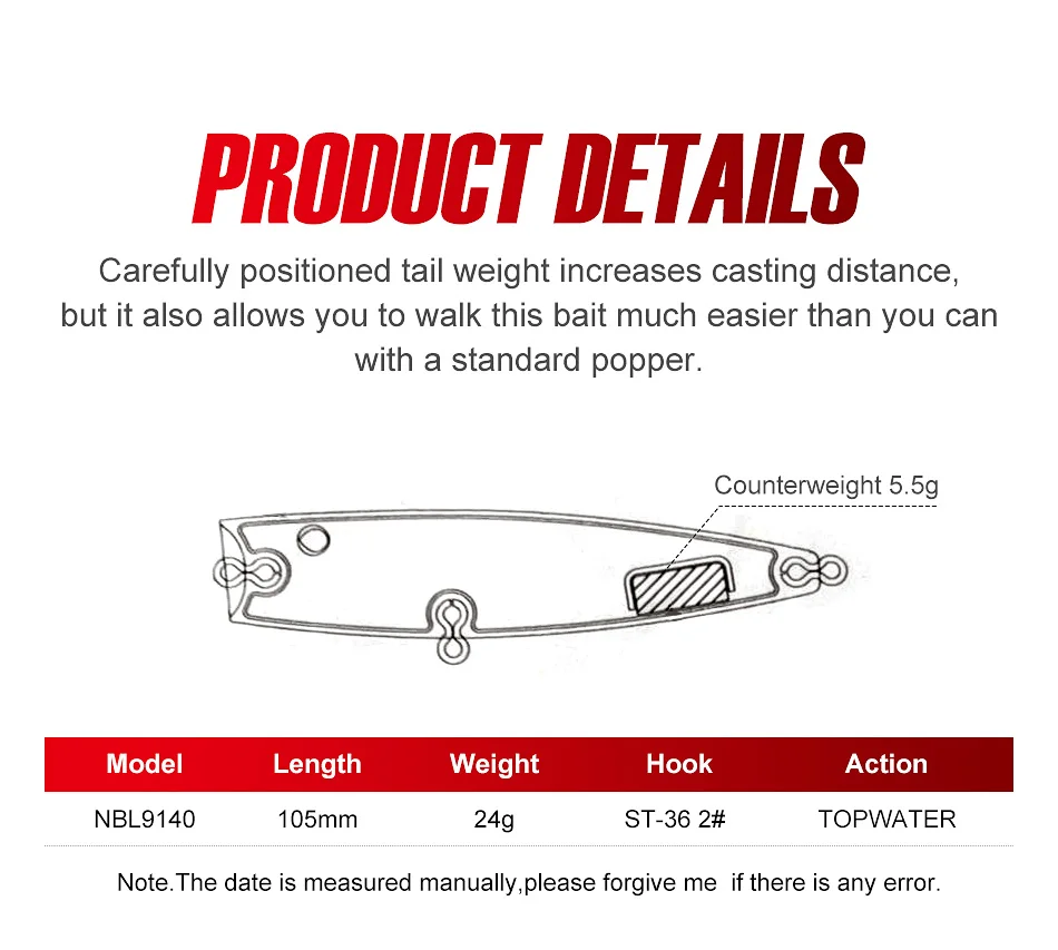 Noeby 105mm 24g Topwater Popper Fishing Lures Wobblers Long Casting Artificial Hard Baits Saltwater Freshwater Fishing Lures