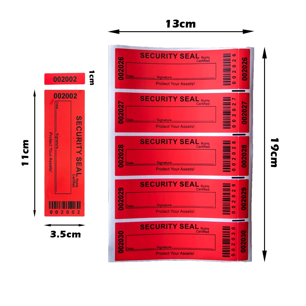 100% Total Transfer Tamper Evident Labels Security Warranty Void Stickers Red Large 35*120 Mm Triple Serial Numbers Seal Sticker