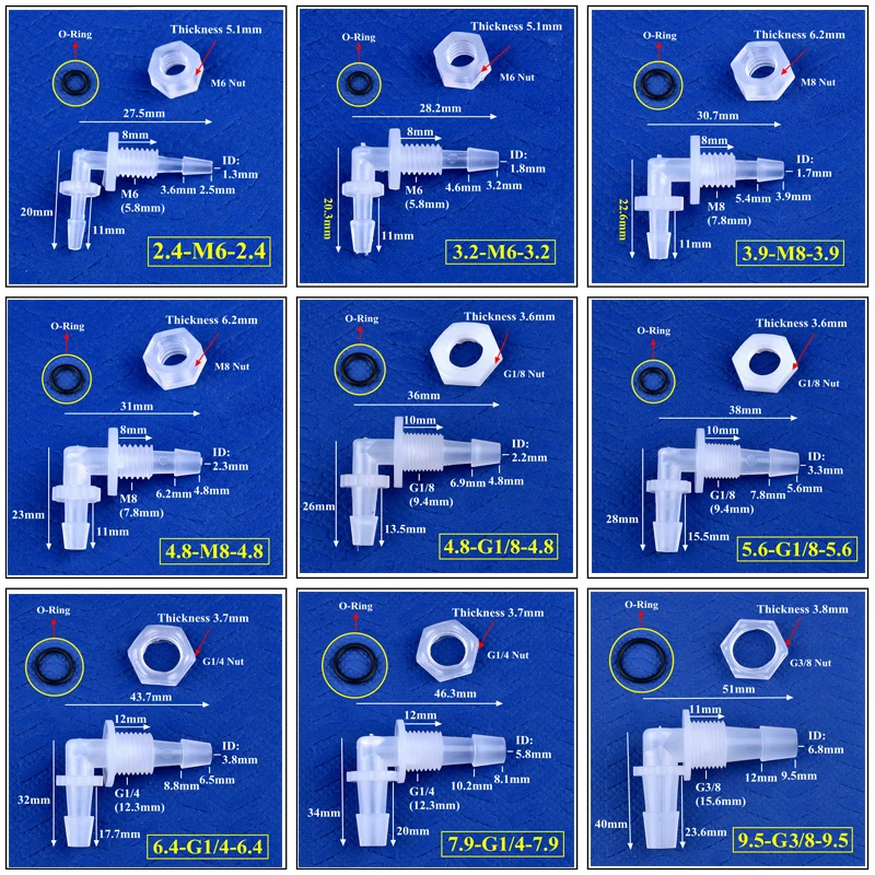 5~200pcs M6~G1/2 To 2.4-11.1mm PP Pagoda Elbow Connector+Nut O-Ring Irrigation Aquarium Tank Adapter Irrigation Water Hose Joint