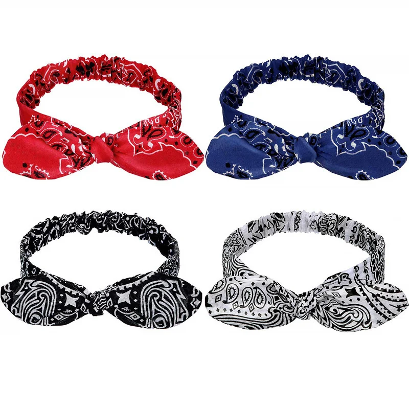 Boho Bow Headbands for Women Vintage Paisley Bandana Flower Printed Hairband Elastic Rabbit ear Head Wrap Cute Hair Accessories