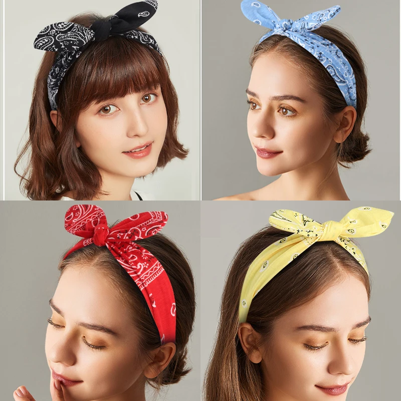 Boho Bow Headbands for Women Vintage Paisley Bandana Flower Printed Hairband Elastic Rabbit ear Head Wrap Cute Hair Accessories