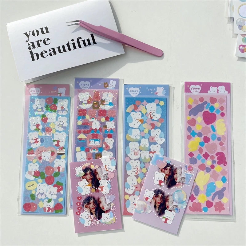 MINKYS New Arrival 3pcs 6pcs Kawaii Bear Ribbon Laser Bling Stickers DIY Scrapbook Stickers Confetti Decoration DIY Photo Frame